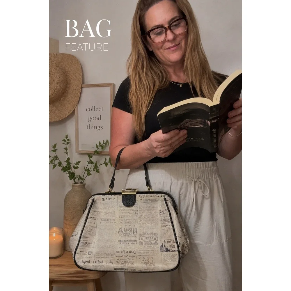 Patricia Nash Newspaper Print Leather Frame Satchel Doctor Bag P374245